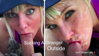 Sneaky bhean a ghlacadh coigreach masturbating anns a 'phàirc, an uair sin sucks aige dick: cum air a h-aodann le cum air an t-sràid